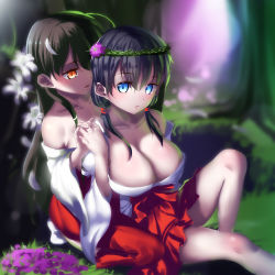 Rule 34 | 2girls, bare legs, bare shoulders, black hair, blue eyes, blush, breasts, brown eyes, brown hair, cleavage, collarbone, detached sleeves, female focus, flower, forest, from behind, hair between eyes, hair flower, hair ornament, hakama, hakama skirt, head wreath, highres, hk (hk), holding hands, interlocked fingers, iwato kasumi, japanese clothes, jindai komaki, large breasts, legs, lips, long hair, long sleeves, looking at another, looking at viewer, low twintails, miko, multiple girls, nature, off shoulder, open mouth, original, red hakama, red skirt, saki (manga), shirt, sitting, skirt, tree, twintails, wide sleeves, yuri