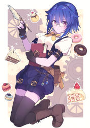 Rule 34 | 1girl, bag, baggy pants, baggy shorts, belt, berry, black-framed eyewear, black gloves, black thighhighs, blue hair, blue shorts, book, boots, border, bow, bowtie, brown belt, brown footwear, cake, cake slice, cherry, chocolate doughnut, cleric, closed mouth, collared shirt, commission, doughnut, dungeons &amp; dragons, fingerless gloves, food, fruit, gears, glasses, gloves, hair between eyes, highres, holding, holding book, holding quill, kneeling, looking at viewer, macaron, mixed-language commentary, hugging object, original, outside border, pants, pudding, puffy short sleeves, puffy sleeves, purple eyes, quill, saipaco, shirt, short hair, short hair with long locks, short sleeves, shorts, sidelocks, skeb commission, smile, solo, steampunk, strawberry, suspenders, thighhighs, white border, white shirt, yellow bow
