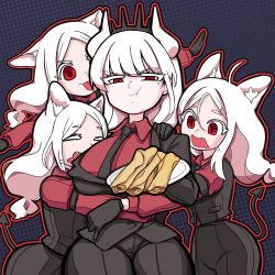Rule 34 | 4girls, absurdres, animal ears, black gloves, black neckwear, cerberus (helltaker), closed eyes, closed mouth, collared shirt, demon girl, demon tail, dog ears, facing another, fang, gloves, helltaker, highres, jeon-eo konoshiro, korean commentary, long hair, looking at another, looking at viewer, lucifer (helltaker), mole, mole under eye, multiple girls, necktie, open mouth, pout, pouty lips, red eyes, red shirt, shirt, siblings, sisters, tail, tongue, tongue out, waistcoat, white hair