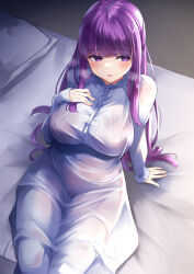 Rule 34 | 1girl, arm support, bed, bed sheet, breasts, commentary, cut bangs, dress, fern (sousou no frieren), fingernails, hand on own chest, highres, irohara, large breasts, long hair, looking to the side, on bed, pillow, purple eyes, purple hair, revision, sitting, solo, sousou no frieren, white dress
