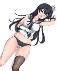 Rule 34 | 1girl, agano (kancolle), armpits, bad id, bad pixiv id, black hair, black thighhighs, blouse, blush, breasts, dress, gloves, hair between eyes, highres, kantai collection, large breasts, long hair, looking at viewer, multicolored clothes, multicolored dress, one eye closed, open mouth, panties, school uniform, serafuku, shirt, simple background, sleeveless, sleeveless shirt, solo, thighhighs, thighs, underwear, white background, white gloves, z5987