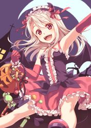 Rule 34 | 1girl, :d, albino, candy, demon girl, demon horns, demon tail, demon wings, fate/grand order, fate (series), food, halloween, horns, illyasviel von einzbern, illyasviel von einzbern (halloween petite devil), kannuki hisui, open mouth, smile, solo, tail, wings
