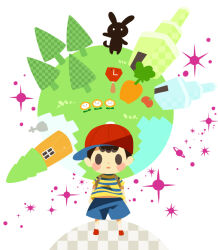 Rule 34 | 1boy, arms at sides, baseball cap, black eyes, black hair, blue shorts, blush stickers, carrot, chibi, flower, full body, hat, hitofutarai, looking at viewer, magicant, male focus, mother (game), mother 2, ness (mother 2), nintendo, on mini planet, planet, rabbit, red footwear, red headwear, shirt, shorts, sideways hat, solid oval eyes, standing, striped clothes, striped shirt, tomato, tombstone, tree, waving, white background