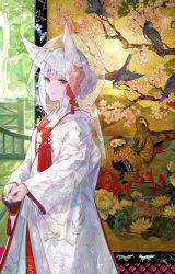 Rule 34 | 1girl, animal ears, bird, breasts, cherry blossoms, commentary request, doorway, dress, flower, fox, fox ears, fox girl, fox tail, fuzichoco, hair ornament, hand fan, highres, hill, holding, holding fan, japanese clothes, koi, lake, landscape, original, painting (object), patterned clothing, pond, porch, red eyes, red tassel, smile, tail, tree, veil, water, waterfall, wedding dress, white hair