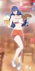 Rule 34 | 1girl, alcohol, alternate costume, artist logo, bare legs, beer, beer mug, blue eyes, blue hair, blurry, blurry background, breasts, chicken (food), chicken leg, commission, crop top, cup, fire emblem, fire emblem awakening, fire emblem heroes, foam, food, full body, grin, hairband, highres, holding, holding cup, holding food, holding tray, hooters, long hair, looking at viewer, lucina (fire emblem), midriff, mug, navel, nintendo, orange shorts, parted lips, pixiv commission, r3dfive, red lips, shoes, short shorts, shorts, small breasts, smile, sneakers, solo, stomach, tank top, thighs, tiara, tray, very long hair, waitress, wavy hair, white footwear, white tank top