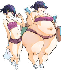 Rule 34 | 1girl, absurdres, bag, bat wings, before and after, belly, blue hair, breasts, cellphone, crop top, fan, fat, highres, medium breasts, mimeticflesh, multicolored hair, obese, phone, pointy ears, purple hair, red eyes, shopping bag, short hair, small breasts, smartphone, standing, twintails, wings