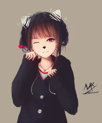 Rule 34 | 1girl, animal ears, blunt bangs, brown background, brown hair, cat ears, drawn whiskers, facial mark, fake animal ears, highres, jewelry, necklace, original, red eyes, shimmer, short hair, simple background, solo, whisker markings, whiskers