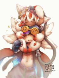 Rule 34 | 1boy, 1girl, absurdres, claws, cloak, dark-skinned female, dark skin, extra arms, faputa, fewer digits, goggles, goggles on headwear, happy, head wreath, helmet, highres, made in abyss, mechanical arms, monster girl, multiple tails, navel, open mouth, potapon, regu (made in abyss), sharp teeth, sitting, sitting on head, sitting on person, stomach, tail, teeth, very dark skin, white fur, white hair