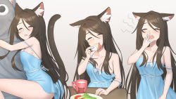 Rule 34 | 1girl, aina (mao lian), animal ear fluff, animal ears, blue dress, blush, body pillow, breasts, brown hair, cat ears, cleavage, cup, dress, ears down, eating, closed eyes, highres, long hair, mao lian (nekokao), medium breasts, multiple views, open mouth, original, parted lips, pillow, sleepy, strap slip, tomato, tomato slice, yawning