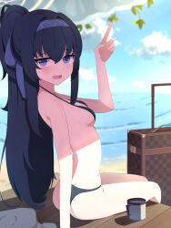 Rule 34 | 1girl, absurdres, arm up, ass, bare shoulders, bikini, black bikini, black hair, blue archive, blue eyes, blue sky, breasts, cup, day, from side, hairband, halo, highres, long hair, looking at viewer, looking to the side, ocean, open mouth, outdoors, purple hairband, rolling suitcase, sideboob, sitting, sky, small breasts, solo, suitcase, sweatdrop, swimsuit, tokutokenzen, ui (blue archive), very long hair, water