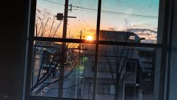 Rule 34 | absurdres, banishment, bare tree, city, cloud, dark, dutch angle, highres, house, indoors, lens flare, no humans, original, power lines, road, road sign, scenery, sign, signature, sky, street, sun, sunset, tree, utility pole, window