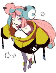 Rule 34 | 1girl, aqua hair, character hair ornament, creatures (company), game freak, hair ornament, iono (pokemon), jacket, long hair, long sleeves, looking at viewer, multicolored hair, nintendo, one eye closed, oversized clothes, pink eyes, pink hair, pokemon, pokemon sv, sharp teeth, simple background, smile, solo, standing, star (symbol), teeth, two-tone hair, white background, yellow jacket, yuden 33