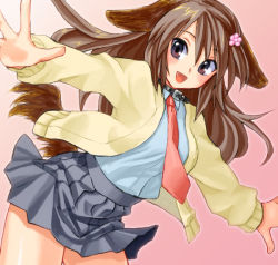 Rule 34 | 1girl, animal ears, blush, brown hair, collar, drawr, happy, hikabe sakuho, jacket, long hair, necktie, oekaki, open mouth, original, outstretched arms, pleated skirt, skirt, smile, solo, spread arms, tail