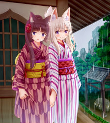 Rule 34 | 2girls, absurdres, animal ear fluff, animal ears, blue eyes, blush, brown hair, cat ears, closed mouth, commentary request, flower, folded ponytail, fox ears, hair between eyes, hair flower, hair ornament, hair over shoulder, highres, holding hands, iroha (iroha matsurika), japanese clothes, kimono, long hair, long sleeves, looking at viewer, multiple girls, obi, original, outdoors, parted lips, purple eyes, rain, red flower, sash, silver hair, smile, striped clothes, striped kimono, vertical-striped clothes, vertical-striped kimono, white kimono, wide sleeves, yagasuri