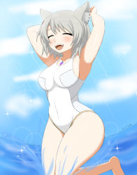 Rule 34 | 1girl, absurdres, animal ears, armpits, arms behind head, breasts, cat ears, cat girl, closed eyes, fangs, grey hair, happy, highres, large breasts, mio (xenoblade), ocean, one-piece swimsuit, smile, solo, soulkibble, swimsuit, water, xenoblade chronicles (series), xenoblade chronicles 3