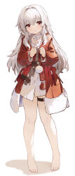 Rule 34 | 1girl, absurdres, bare legs, barefoot, brown sweater, buttons, chinese commentary, clara (honkai: star rail), clenched hands, closed mouth, coat, collarbone, commentary request, coria, crossed bangs, detached collar, feet, full body, hair intakes, hands up, highres, honkai: star rail, honkai (series), knees, legs, long hair, long sleeves, looking at viewer, o-ring, o-ring thigh strap, open clothes, open coat, raised eyebrows, red coat, red eyes, skirt, solo, standing, sweater, tassel, thigh strap, tiptoes, toenails, toes, white background, white hair, white skirt