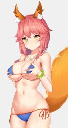 Rule 34 | 1girl, animal ears, bangle, bare arms, bare shoulders, bencao gangmu (19), bikini, blue bikini, bracelet, breasts, cleavage, closed eyes, cowboy shot, fate/grand order, fate (series), fox ears, fox tail, grabbing own breast, grey background, highres, jewelry, large breasts, long hair, looking at viewer, navel, necklace, orange ribbon, pink hair, ribbon, shiny skin, side-tie bikini bottom, simple background, skindentation, smile, solo, standing, stomach, string bikini, swimsuit, tail, tamamo (fate), tamamo no mae (fate/extra), tamamo no mae (swimsuit lancer) (fate), tareme, underboob, yellow eyes