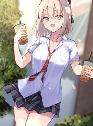 Rule 34 | 1girl, absurdres, alternate costume, asashin (asn), black bow, black skirt, blonde hair, bow, breasts, bubble tea, collarbone, cup, disposable cup, drinking straw, fate/grand order, fate (series), hair bow, highres, holding, holding cup, huge filesize, medium breasts, miniskirt, necktie, okita souji (fate), okita souji (koha-ace), plaid, plaid skirt, pleated skirt, red necktie, school uniform, shirt, short sleeves, skirt, solo, standing, white shirt, yellow eyes