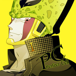 Rule 34 | 1boy, atlus, bad id, bad nicoseiga id, cell (dragon ball), character name, cosplay, dragon ball, dragonball z, houndstooth, lowres, male focus, nonotan, parody, persona, persona 4, purple eyes, school uniform, simple background, solo, yellow background