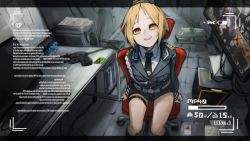 Rule 34 | 1girl, artist request, blonde hair, chair, character name, commentary request, computer, computer tower, cpu, flat screen tv, girls&#039; frontline, gun, hat, highres, information, keyboard (computer), looking at viewer, military, military hat, military uniform, monitor, mp40, mp40 (girls&#039; frontline), necktie, recording, solo, submachine gun, television, uniform, weapon, wehrmacht, yellow eyes