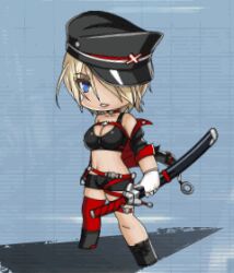 Rule 34 | 1girl, animated, animated gif, beret, blonde hair, blue eyes, boots, breasts, chibi, choker, cleavage, female focus, full body, hair over one eye, hat, high heel boots, high heels, holding, holding sword, holding weapon, knee boots, kurumi s. sakazaki, large breasts, lilith-soft, lowres, off shoulder, red thighhighs, shiny skin, short hair, simple background, single thighhigh, smile, solo, sword, taimanin (series), taimanin rpgx, thighhighs, thighs, uniform, weapon, white background