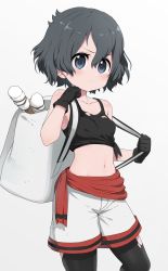 Rule 34 | 1girl, adapted costume, backpack, bag, black hair, black pantyhose, black shirt, blue eyes, blush, clothes around waist, commentary request, cowboy shot, crop top, grey shorts, highres, kaban (kemono friends), kemono friends, looking at viewer, pantyhose, ransusan, red shirt, shirt, shirt around waist, short hair, shorts, solo, survival friends, tank top, tied shirt, torch, torn clothes, torn pantyhose