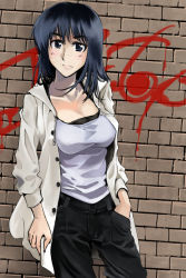 Rule 34 | 00s, 1girl, blush, breasts, brick wall, buckle, buttons, collarbone, cosaten, eyebrows, graffiti, jacket, large breasts, long sleeves, looking at viewer, open clothes, open jacket, pants, school rumble, short hair, solo, suou mikoto (school rumble), thick eyebrows, unbuttoned, upper body