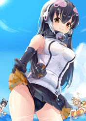 Rule 34 | 1girl, absurdres, african penguin (kemono friends), animal ears, black eyes, black gloves, black hair, common raccoon (kemono friends), gloves, greater bird-of-paradise (kemono friends), highres, kemono friends, kemono friends v project, long hair, looking at viewer, mappuri, multicolored hair, necktie, serval (kemono friends), shirt, shoes, simple background, skirt, smile, solo, tail, virtual youtuber, white shirt