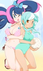Rule 34 | 10s, 2013, 2girls, absurdres, arm grab, artist request, ball, bikini, bonbon (my little pony), breasts, cover, cover page, green eyes, green hair, hair ornament, hair ribbon, highres, holding, holding ball, large breasts, leg up, long hair, lyra heartstrings, multicolored hair, multiple girls, my little pony, my little pony: friendship is magic, one-piece swimsuit, one eye closed, personification, ponytail, ribbon, sandals, slippers, smile, swimsuit, twintails, two-tone hair, very long hair, volleyball (object), wink, yellow eyes