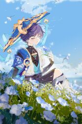 Rule 34 | 1boy, armor, blue flower, blue sky, bug, butterfly, closed eyes, closed mouth, cloud, commentary, day, english commentary, flower, genshin impact, grass, hair between eyes, hat, highres, holding, holding flower, insect, japanese armor, japanese clothes, jingasa, kote, kurokote, leaf, male focus, nemophila (flower), outdoors, purple hair, scaramouche (genshin impact), sitting, sky, solo, u37777123, vision (genshin impact), wanderer (genshin impact), wind