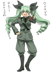 Rule 34 | &gt;:d, 10s, 1girl, :d, anchovy (girls und panzer), belt, black footwear, black necktie, black ribbon, boots, chikuwa (tks), drill hair, fangs, full body, girls und panzer, green hair, hair ribbon, hand on own hip, holding, jodhpurs, long hair, long sleeves, military, military uniform, necktie, open mouth, orange eyes, pants, pants tucked in, pointer, ribbon, simple background, smile, solo, standing, twin drills, twintails, uniform, v-shaped eyebrows, white background