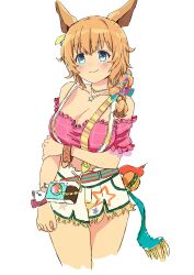 Rule 34 | 1girl, absurdres, animal ears, arm under breasts, bare shoulders, belt, blue eyes, blush, bracelet, braid, braided ponytail, breasts, brown hair, camera, cleavage, closed mouth, commentary request, cowboy shot, earrings, highres, horse ears, horse girl, jewelry, large breasts, looking at viewer, midriff, mugi0913, necklace, pink shirt, shirt, short sleeves, shorts, single earring, smile, solo, taiki shuttle (bubblegum memories) (umamusume), taiki shuttle (umamusume), umamusume, white shorts