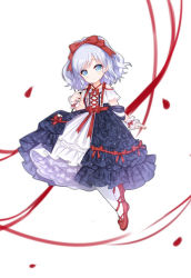 Rule 34 | 1girl, alternate costume, bare shoulders, blue dress, blue eyes, blue hair, blush, bow, character request, closed mouth, dress, full body, hair bow, lolita fashion, looking at viewer, off-shoulder dress, off shoulder, pantyhose, petals, red bow, red footwear, red ribbon, ribbon, shoes, short sleeves, simple background, smile, solo, tengxiang lingnai, warship girls r, white background, white pantyhose, wrist cuffs