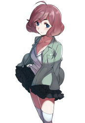 Rule 34 | 10s, 1girl, ahoge, amputee, arms behind back, blue eyes, bob cut, frilled skirt, frills, heart, heart necklace, jacket, jewelry, katawa shoujo, naso4, necklace, aged up, open clothes, open jacket, red hair, short hair, skirt, solo, tezuka rin, thighhighs, white thighhighs