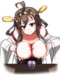 Rule 34 | 10s, 1girl, between breasts, breasts, brown eyes, brown hair, bust cup, cup, detached sleeves, hairband, hands on own chest, kantai collection, kongou (kancolle), large breasts, looking at viewer, nontraditional miko, ryuuri (aoithigo), solo, tea, teacup, white background