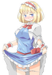 Rule 34 | 1girl, alice margatroid, arnest, blonde hair, blue dress, blue eyes, blush, bow, bowtie, breasts, capelet, clothes lift, dress, dress lift, frilled dress, frills, frown, hairband, lolita hairband, looking at viewer, nose blush, panties, panty pull, red bow, red sash, sash, short hair, swept bangs, tears, thighs, touhou, underwear, wavy mouth, white background, white capelet, white panties, wristband