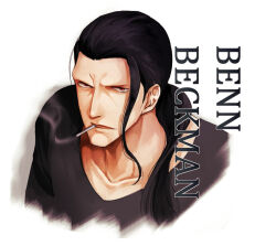 Rule 34 | 1boy, benn beckman, black hair, black shirt, character name, cigarette, collarbone, commentary request, kafuyutns, long hair, looking at viewer, low ponytail, male focus, mouth hold, one piece, open mouth, ponytail, shirt, smoke, solo