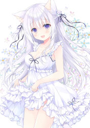 Rule 34 | 1girl, :d, animal ears, bare arms, breasts, cat ears, cleavage, commentary request, dress, floral background, flower, grey hair, hair between eyes, hair flower, hair ornament, hasekura chiaki, highres, long hair, medium breasts, open mouth, original, pink flower, purple eyes, simple background, skirt basket, skirt hold, sleeveless, sleeveless dress, smile, solo, standing, very long hair, white background, white dress, white flower