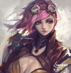 Rule 34 | 1girl, breasts, goggles, goggles on head, highres, league of legends, pink hair, portrait, solo, upper body, vi (league of legends)