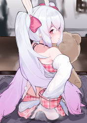Rule 34 | 1boy, 1girl, absurdres, animal ears, ass, azur lane, blush, bulge, buttjob, buttjob over clothes, clothes lift, detached sleeves, erection, erection under clothes, gradient hair, gree4, hetero, highres, laffey (azur lane), laffey (bunny idol @unmotivated) (azur lane), lifting own clothes, long hair, looking at viewer, looking back, multicolored hair, pink hair, pleated skirt, pov, profile, rabbit ears, red eyes, skirt, skirt lift, sleeves past fingers, sleeves past wrists, solo focus, stuffed animal, stuffed toy, teddy bear, twintails, very long hair, white hair