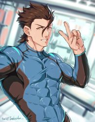 Rule 34 | 1boy, abs, artist name, biceps, blurry, blurry background, bodysuit, brown hair, diarmuid ua duibhne (lancer) (fate), dumbbell, fate/zero, fate (series), feet out of frame, gym, gym uniform, highres, long hair, looking at viewer, male focus, manly, mature male, muscular, muscular male, pectorals, smile, solo, spiked hair, sweat, sweatdrop, teeth, tight clothes, twitter username, upper body, v, yaekaidou, yellow eyes