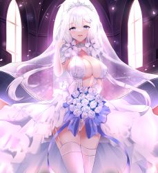 Rule 34 | 1girl, absurdres, azur lane, blue eyes, blush, breasts, dress, flower, gloves, hair ornament, highres, huge filesize, illustrious (azur lane), illustrious (morning star of love and hope) (azur lane), large breasts, long hair, looking at viewer, mole, mole under eye, official alternate costume, seabread, smile, solo, thighhighs, veil, wedding dress, white dress, white gloves, white hair, white thighhighs