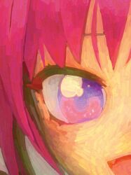 Rule 34 | 1girl, close-up, commentary, cropped, english commentary, eye focus, highres, looking at viewer, open mouth, original, pink hair, purple eyes, solo, ufoshock