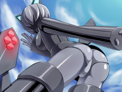 Rule 34 | 1girl, android, animal ears, ass, blue sky, bob cut, bottomless, breasts, cloud, colored skin, day, faceless, faceless female, flying, from behind, grey panties, grey skin, kyouyama (kuromon), large breasts, looking back, neuroi, neuroi girl, outdoors, panties, short hair, sky, solo, strike witches, striker unit, tail, underwear, world witches series