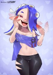 Rule 34 | 1girl, blue background, blue hair, breasts, capelet, chest sarashi, cleavage, collarbone, ear piercing, facing viewer, fangs, fanning self, flytrapxx, hair over one eye, hand on own face, highres, large breasts, looking at viewer, navel, nintendo, octoling player character, open mouth, pants, piercing, pointy ears, red eyes, red lips, sarashi, shiver (splatoon), smile, solo, splatoon (series), splatoon 3, tentacle hair, thigh gap, tight clothes, tight pants, torn clothes, torn pants