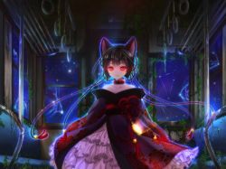 Rule 34 | 1girl, animal ears, cat ears, cat girl, cat tail, choker, collar, dress, galaxy, glowing, glowing eyes, highres, itto maru, japanese clothes, looking at viewer, original, pale skin, red eyes, ruins, sky, solo, star (sky), starry sky, tail