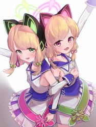 Rule 34 | 2girls, absurdres, alternate costume, animal ear headphones, animal ears, asymmetrical bangs, blonde hair, blue archive, blush, bow, cat ear headphones, detached sleeves, dress, fake animal ears, frills, green bow, green eyes, hair bow, halo, hand up, headphones, highres, idol, locked arms, looking at viewer, midori (blue archive), mischievous straight uniform (blue archive), momoi (blue archive), multiple girls, open mouth, osorii, pink bow, pink eyes, siblings, simple background, sisters, twins, upper body