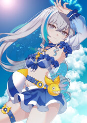 Rule 34 | 1girl, absurdres, ball, beachball, bikini, blue hair, blue skirt, bronya zaychik, bronya zaychik (herrscher of truth), cloud, commentary request, crossed bangs, day, detached sleeves, drill hair, drill ponytail, frilled bikini, frilled sleeves, frills, grey eyes, halo, highres, holding, holding ball, holding beachball, honkai (series), honkai impact 3rd, long hair, multicolored hair, official alternate costume, ponytail, ryuusan (leuthan698), sidelocks, skirt, sky, smile, solo, streaked hair, swimsuit, thigh strap, two-tone hair, very long hair