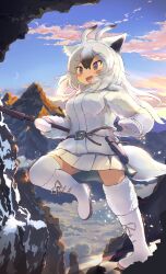 Rule 34 | 1girl, animal ears, belt, blush, boots, brown hair, coat, fur trim, goat ears, goat girl, goat horns, goat tail, hair between eyes, highres, horns, kemono friends, koutsuu (koutuukanseikan), long hair, long sleeves, mittens, mountain, mountain goat (kemono friends), multicolored hair, open mouth, pleated skirt, skirt, smile, solo, standing, standing on one leg, thigh boots, thighhighs, weapon, white coat, white footwear, white fur, white hair, white mittens, white skirt, winter clothes, winter coat, zettai ryouiki