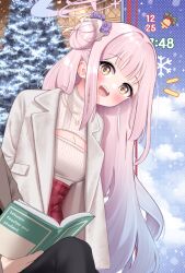 Rule 34 | 1boy, 1girl, blue archive, blush, book, breasts, cleavage, coat, hair bun, halo, head tilt, highres, holding, holding book, ine (ineinnen), long hair, looking at another, medium breasts, meme attire, mika (blue archive), open-chest sweater, outdoors, pink hair, red skirt, revision, ribbed sweater, single side bun, skirt, smile, solo focus, sweater, sweater tucked in, teeth, upper teeth only, very long hair, white coat, white sweater, yellow eyes